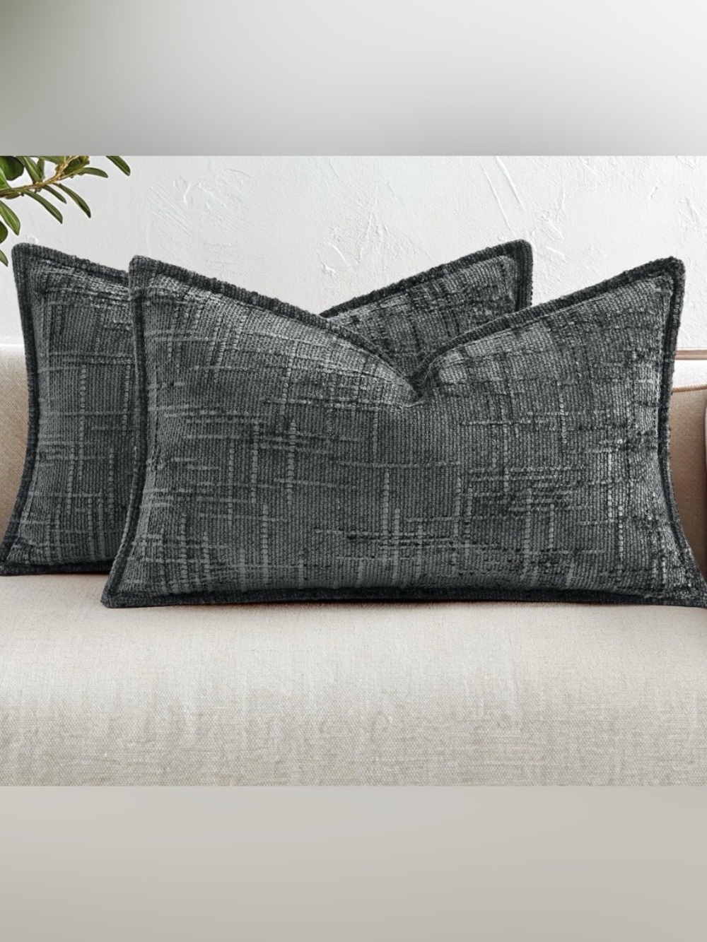 Decorative CHENILLE Lumbar Pillow Covers Rectangular 12x20” (2-pack) DARK GRAY